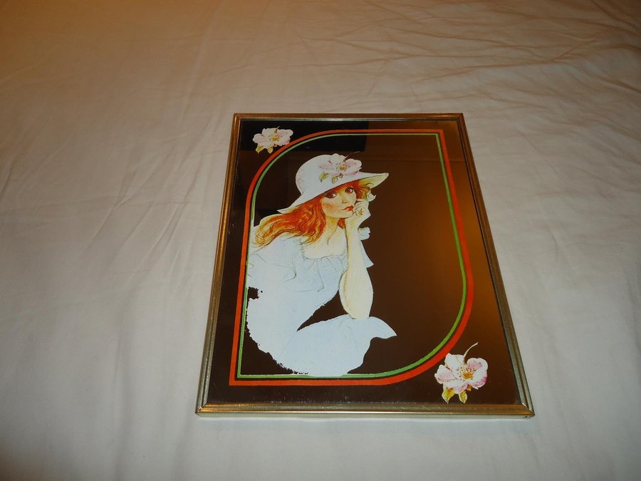 Vintage 1970 tal Spegel motiv kvinna med hatt och blommor mirror