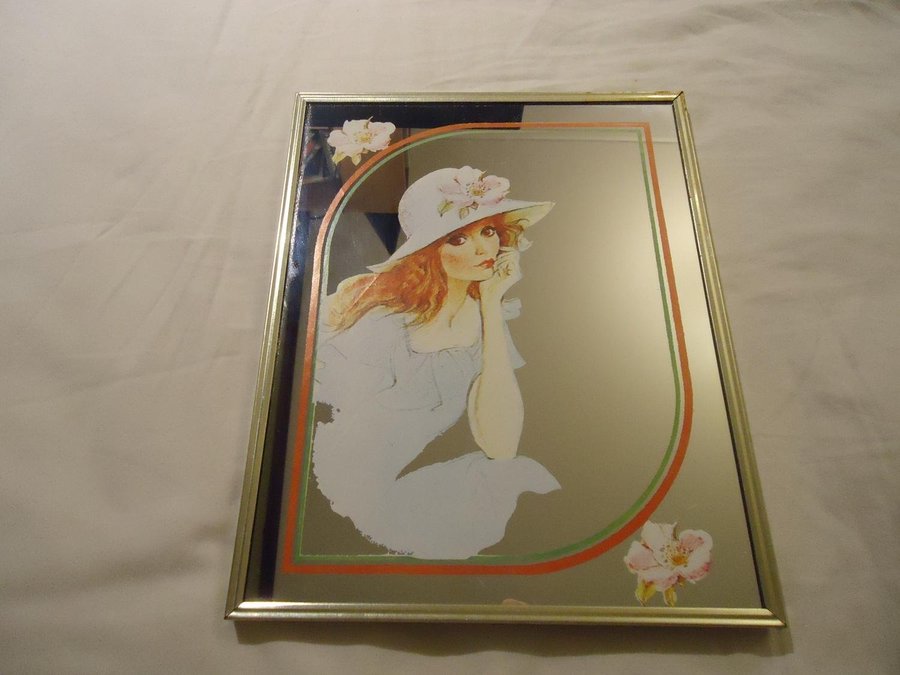 Vintage 1970 tal Spegel motiv kvinna med hatt och blommor mirror