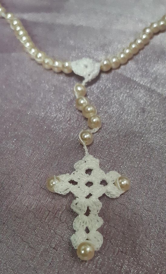 Handmade Rosary Religiöst radband med Jesus Kristus Tillverkad av vit spets