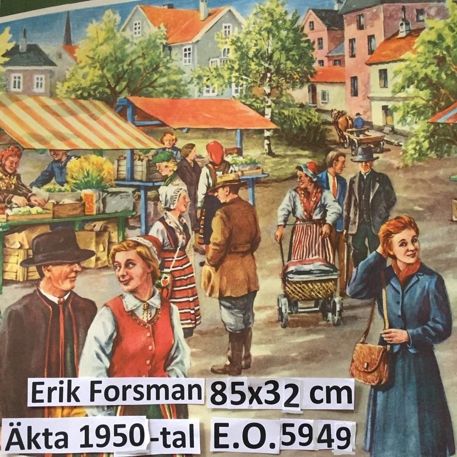 Erik FORSMAN-bonad: TORGHANDEL i småstadEO 5949=År1959STOR Pappersbonad85x32c