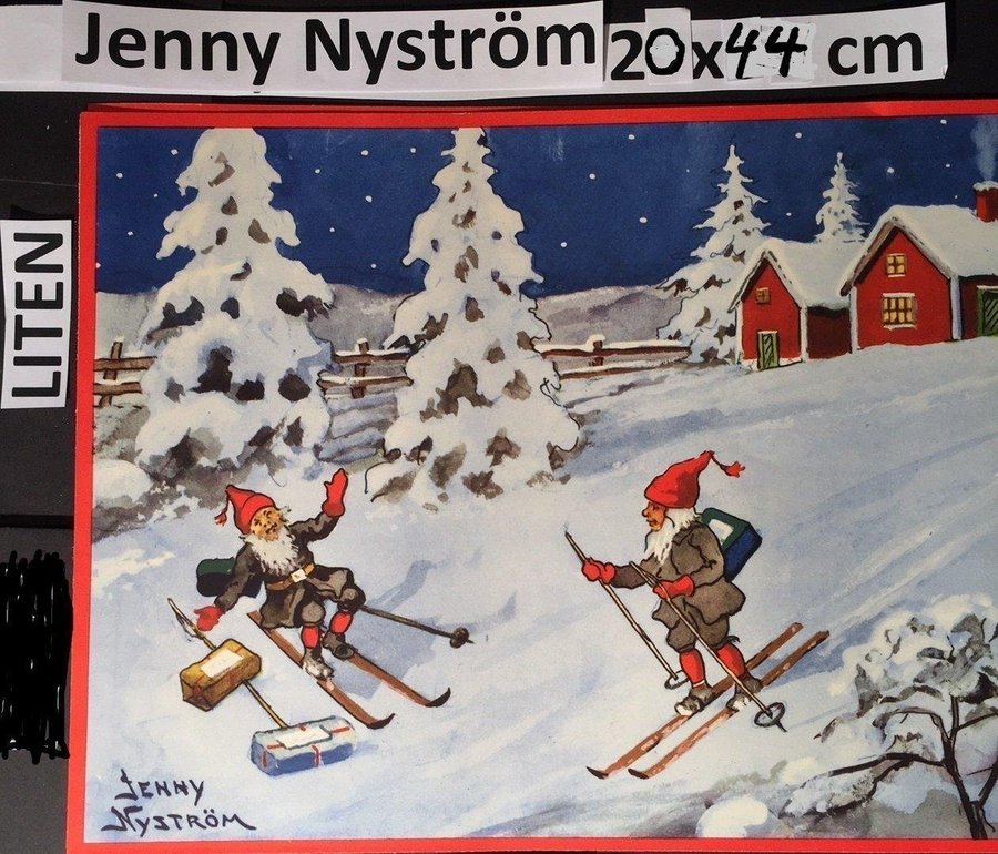 Jenny Nyström: Tomteskidbacke BONADLITEN62x231930-40tPappersbonad Julbonad