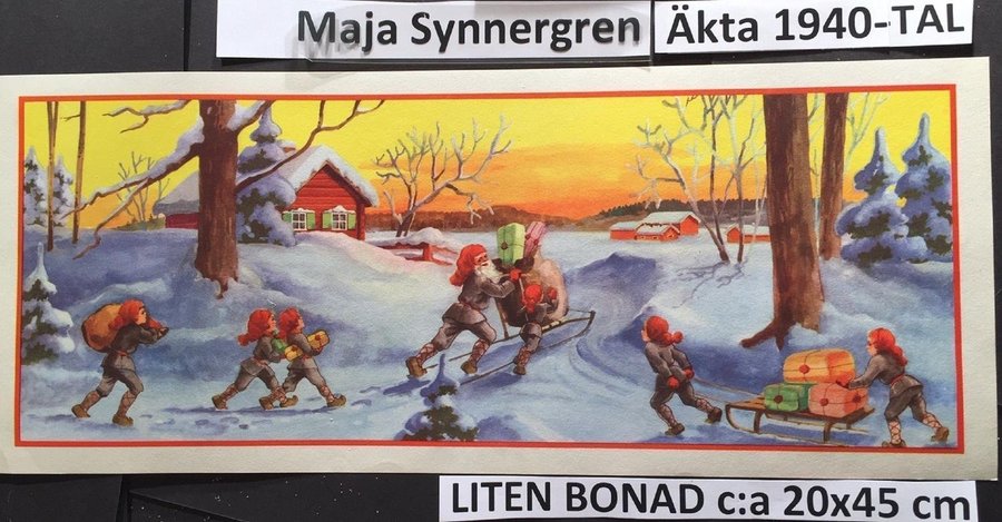 Maja Synnergren? LITEN:Tomte-spark  kälke Äkta 1940-tal PappersBONAD 20x45cm