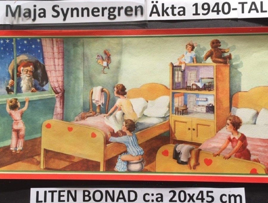 Maja Synnergren?: Barnkammare nalle docka 1940t LITEN PappersBONAD 20x45cm