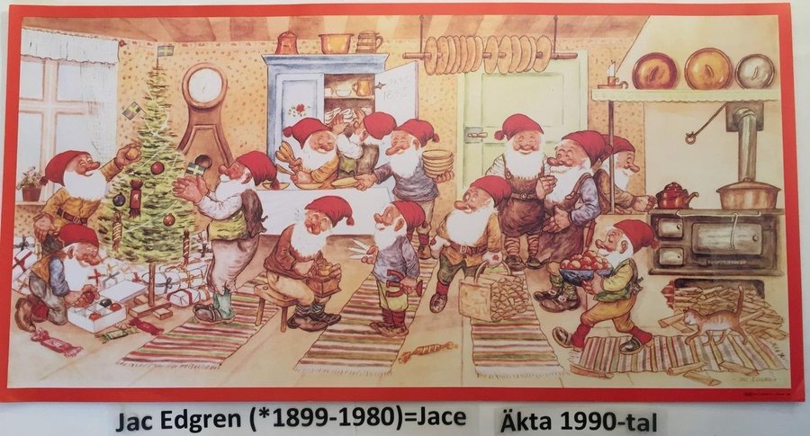 Jac Edgren: Tomte-kök-kalas Ekblads år1990 65x32 PAPPERSBONAD Julbonad