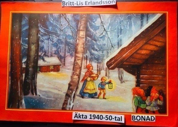 BRITT-LIS Erlandsson: Lykta och grötSTOR60x40 1940-50t Pappersbonad Julbonad