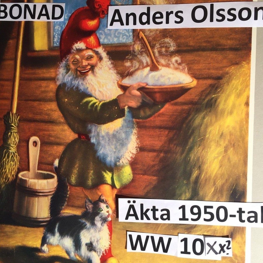 JULBONAD ANDERS OLSSON: Tomte-Katt-gröt1950t Pappersbonad44x30cm