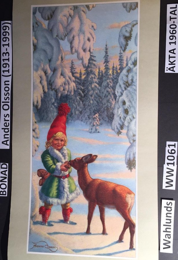 JULBONADANDERS OLSSON W1061: Rådjur med tomte-FLICKA! Pappersbonad 1960t 60x30