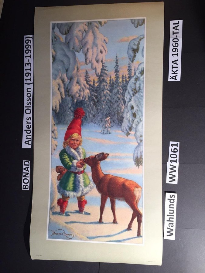 JULBONADANDERS OLSSON W1061: Rådjur med tomte-FLICKA! Pappersbonad 1960t 60x30