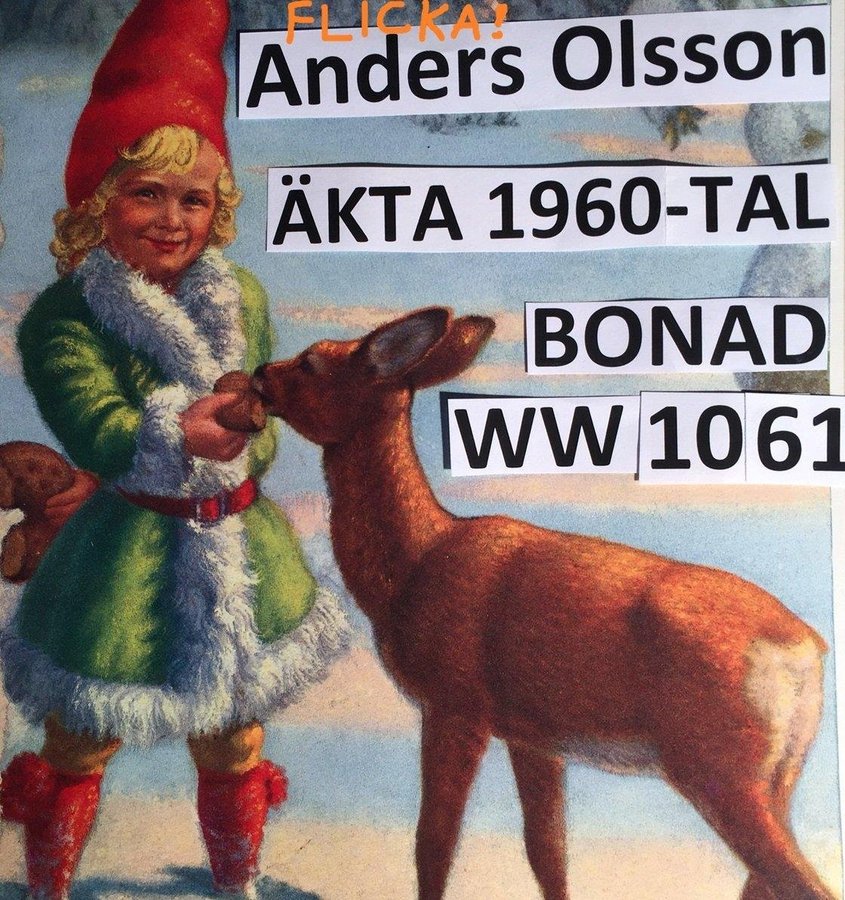 JULBONADANDERS OLSSON W1061: Rådjur med tomte-FLICKA! Pappersbonad 1960t 60x30