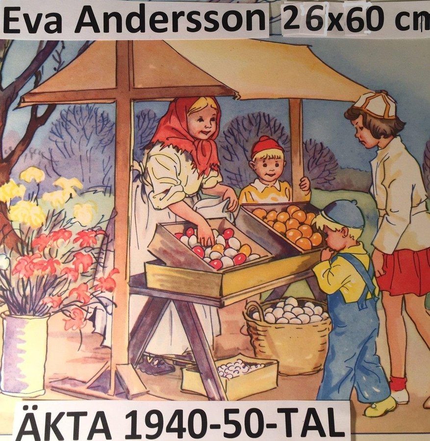 Eva Andersson: Barnens påskmarknad Äkta 1950-tal PappersbonadOanvänd26x60cm
