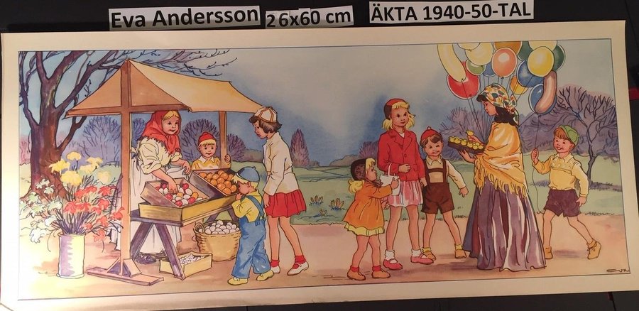 Eva Andersson: Barnens påskmarknad Äkta 1950-tal PappersbonadOanvänd26x60cm