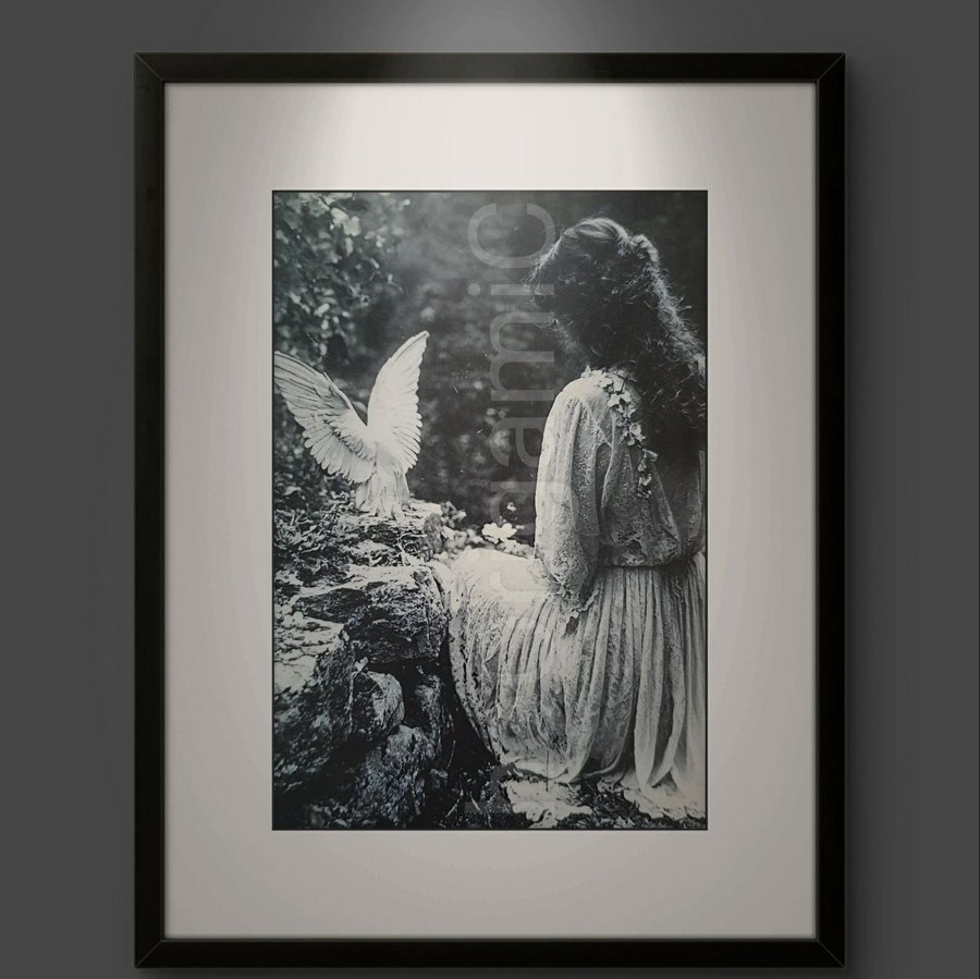 Black and White Small (A6) Printed Card Angel, Dove of Peace (No Frame)