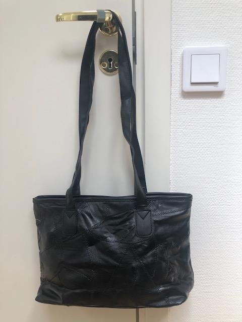 Vintage black ladies leather shoulder bag with matching make up bag - NEW