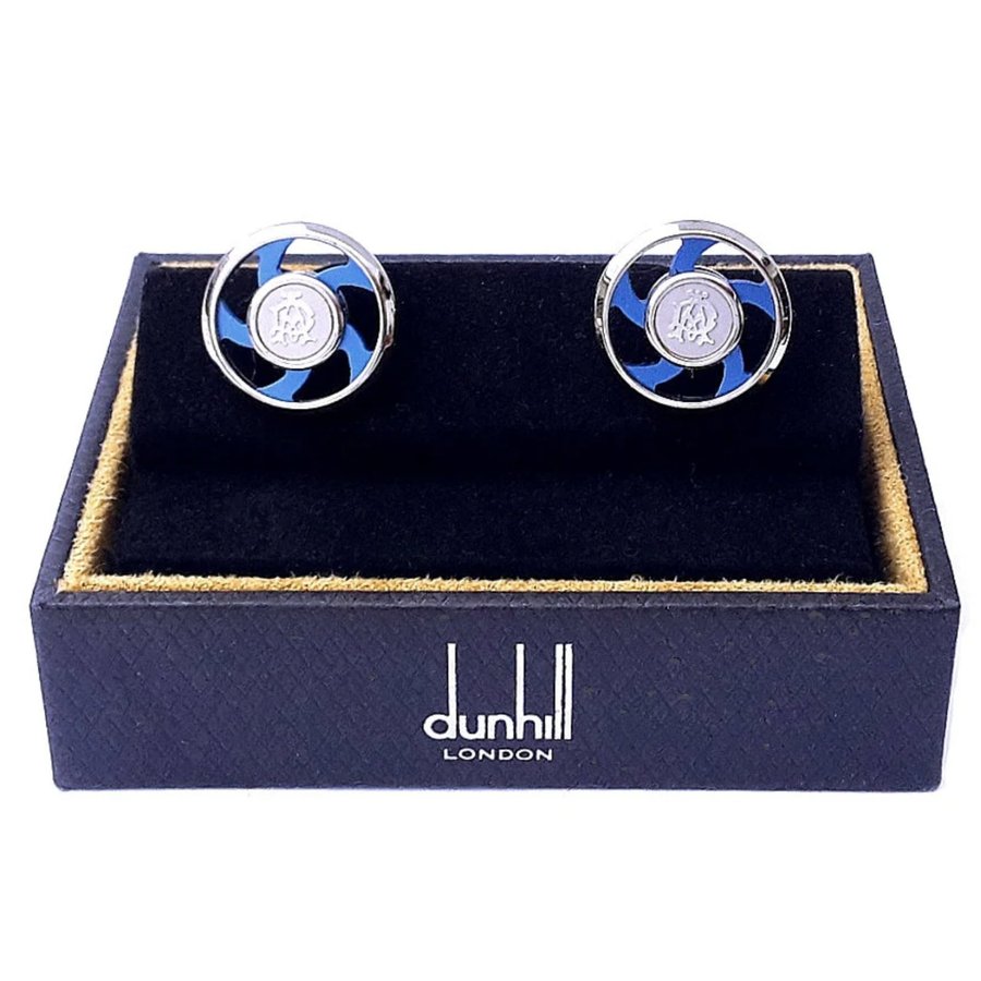 Alfred Dunhill Silver Round Spinning Cufflinks Authentic Mens Accessory + Case