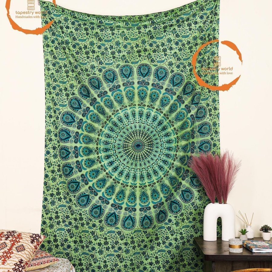 Tie Dye Green Peacock Indian Tapestry Wall Hanging