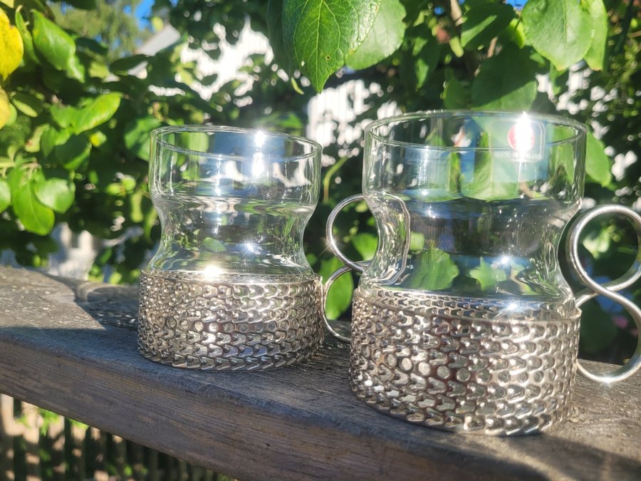 2 Vintage glas med hållare / Littala / Timo Sarpaneva / Tsaikka / glögg glas