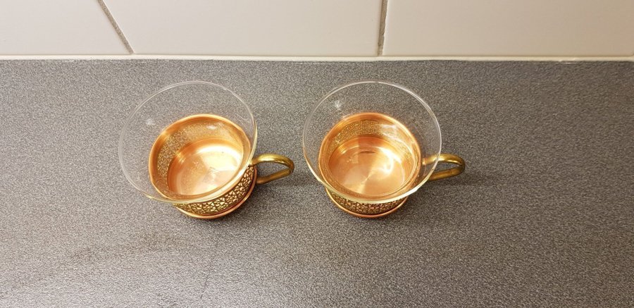 Två st Schott  Gen Mainz Glass / cupper  Brass Coffe Tea Innehavare