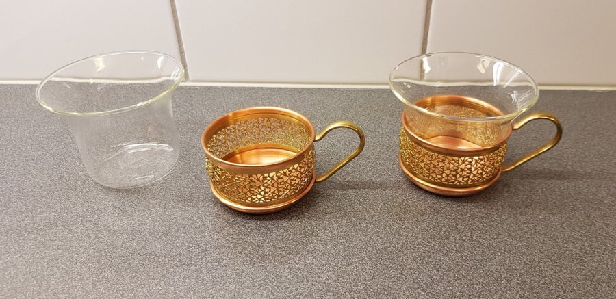 Två st Schott  Gen Mainz Glass / cupper  Brass Coffe Tea Innehavare