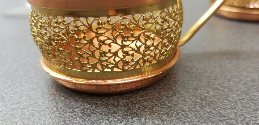 Två st Schott  Gen Mainz Glass / cupper  Brass Coffe Tea Innehavare