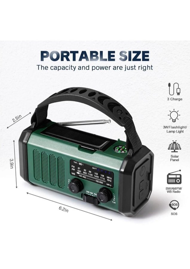 Nödradio vevradio 10000 mAh inbyggd Powerbank Lampa och Vev och generator