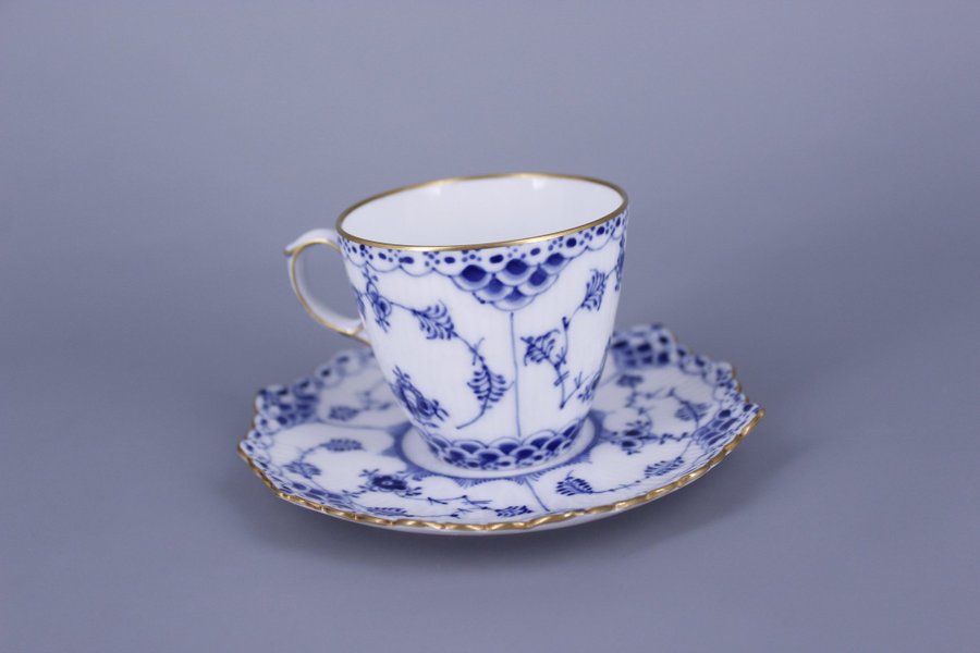 Royal Copenhagen Blue Fluted Full Lace GOLD RIMS 1038 Cup and Saucer