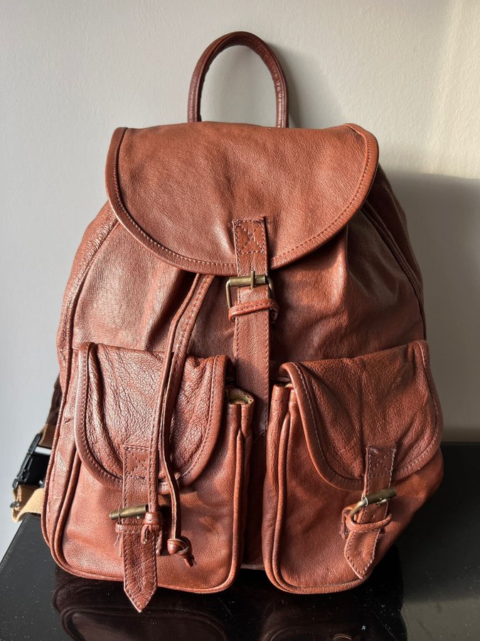 vintage retro ryggsäck backpack skinn läder cognac