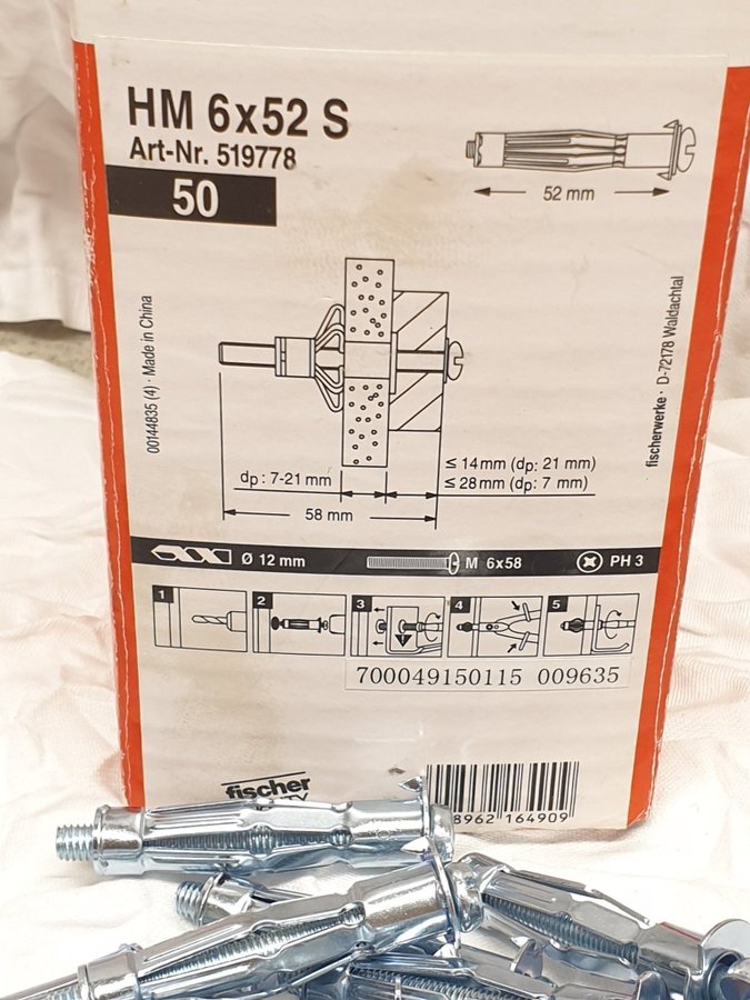 Expanderskruvar Fischer HM 6x52 S, för montering i ex. gips, spån, OSB m.fl.