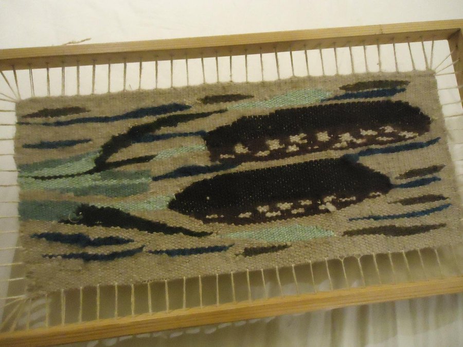 Vintage vävd textil tavla motiv växter 34 x 18 cm monterad på furu ram