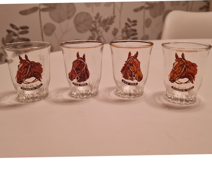 4 Shotsglas / Snapsglas / Hästar / Olympiavinnare / Retro / Vintage