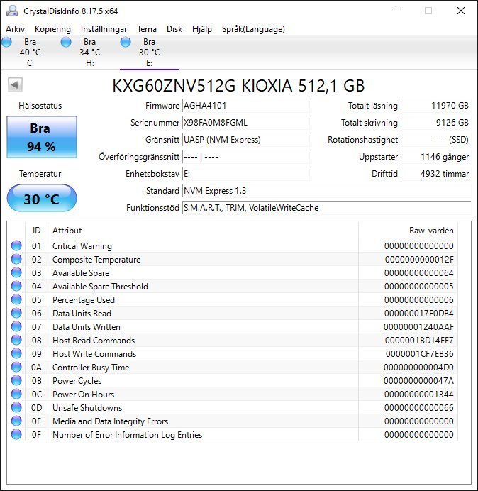 SSD m2  512GB  NVMe  märke: KIOXIA  formfaktor 2280