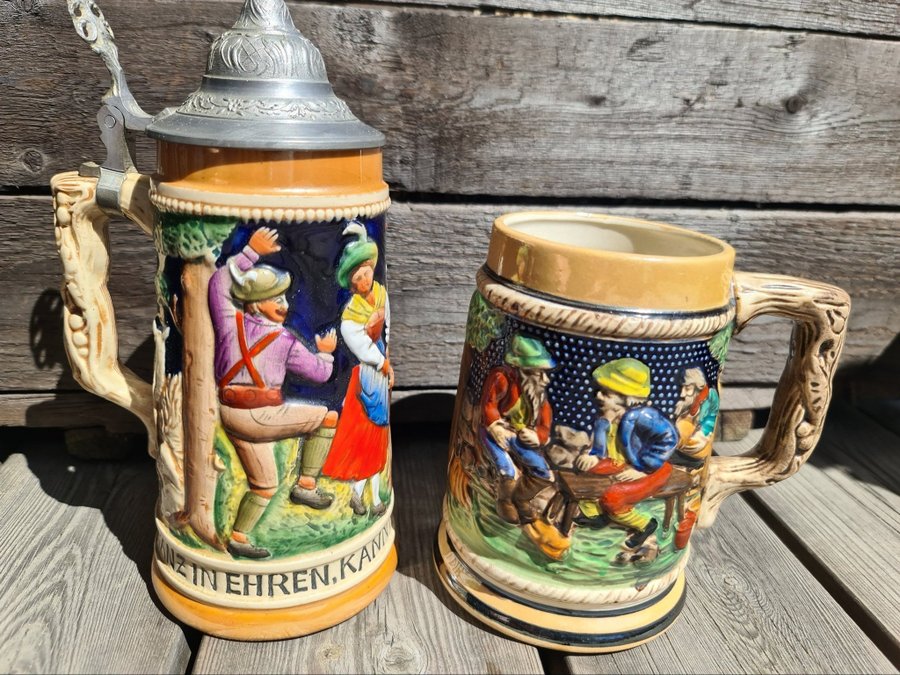 2 st ölstop Ölsejde öll krus sejdel Beer stein tysk keramik Vintage