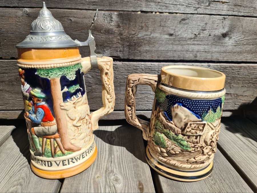 2 st ölstop Ölsejde öll krus sejdel Beer stein tysk keramik Vintage