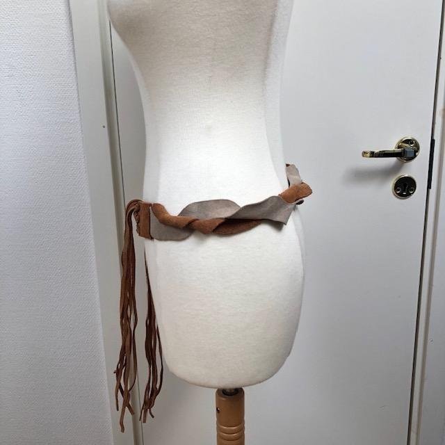 Vintage suede leather weave brown  beige self tie fringe belt