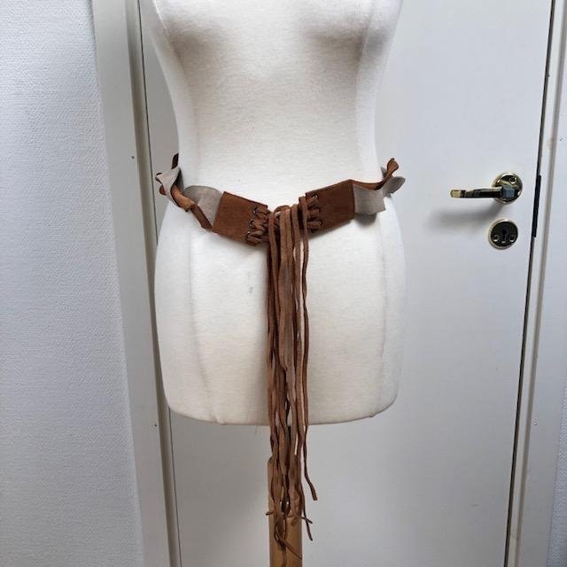 Vintage suede leather weave brown  beige self tie fringe belt