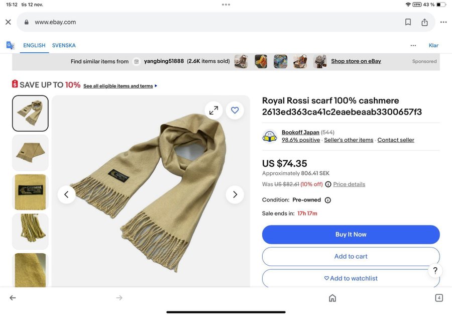 Stor fin sjal cashmere Royal Rossi, vackra brun-beiga färger. Mycket fint skick!