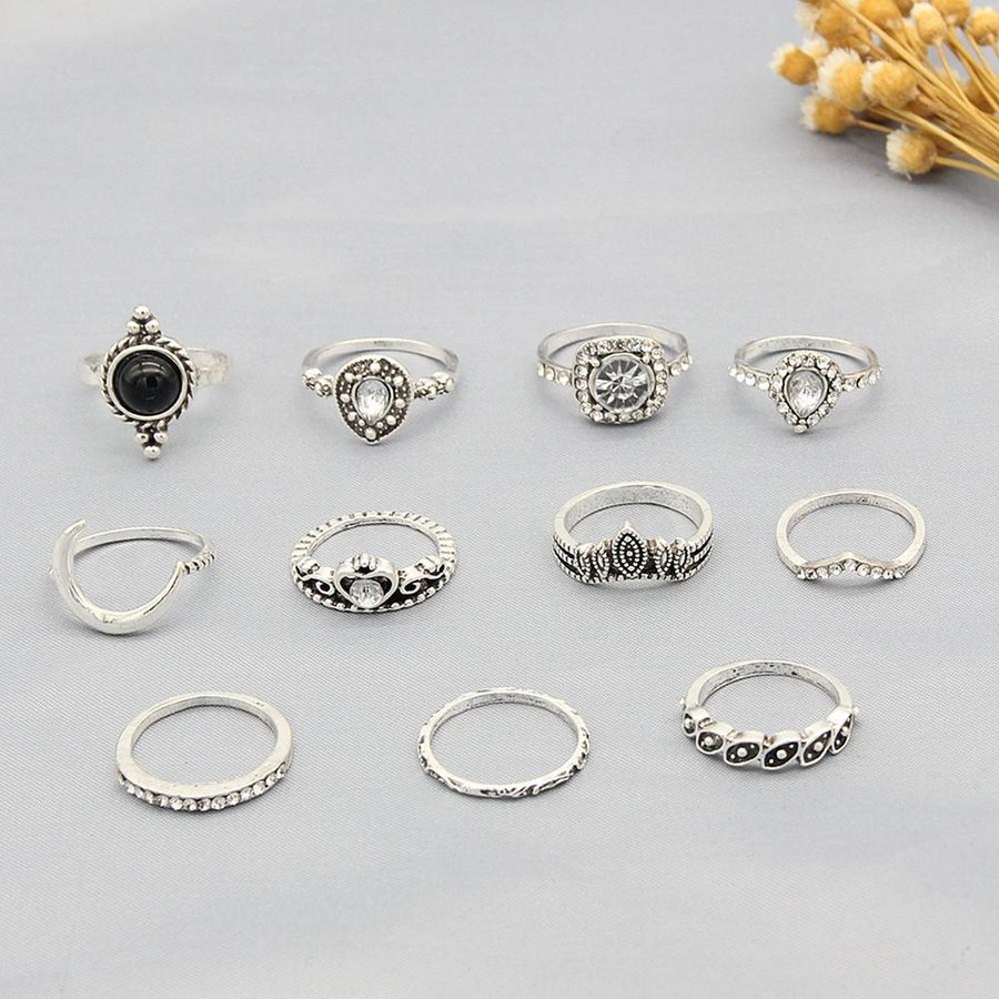 11-pack Boho Antik Silver Ringar -Svarta Pärlor  Vit Rhinestone Silver