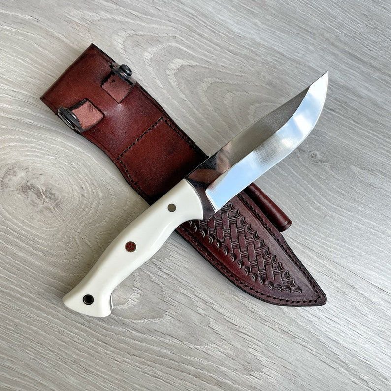 Hunting Knife 1075 Carbon Steel and White Corian Handle Tactical Camping Knife