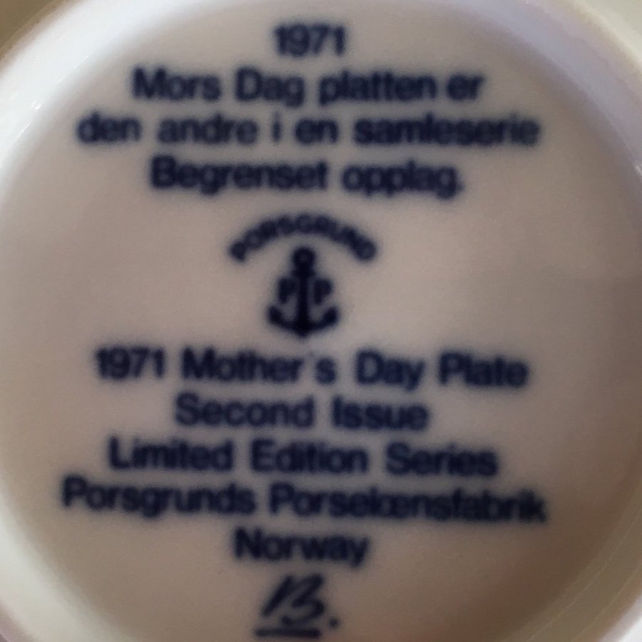 Morsdagstallrik från Porsgrund- samlartallrik 1971