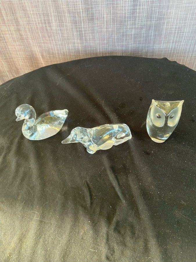 3 st glasfigurer - Svan hund och uggla