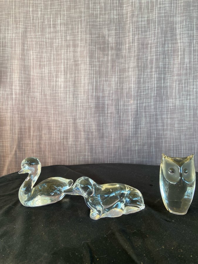 3 st glasfigurer - Svan hund och uggla