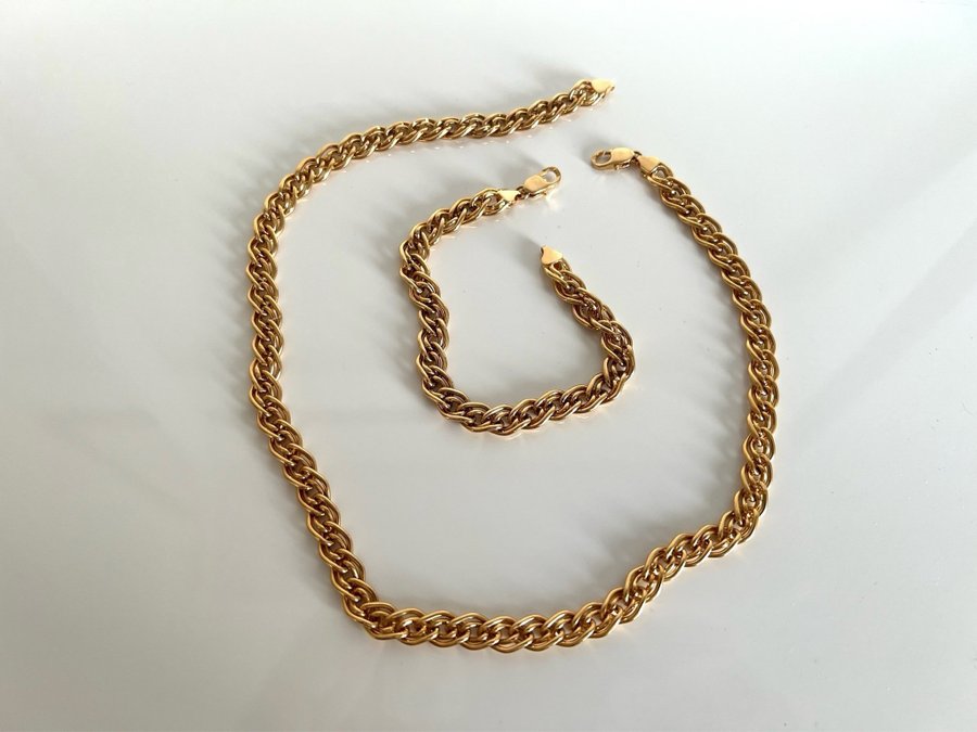 18k Guldplätering, set, Halsband och armband. 42/18 cm.