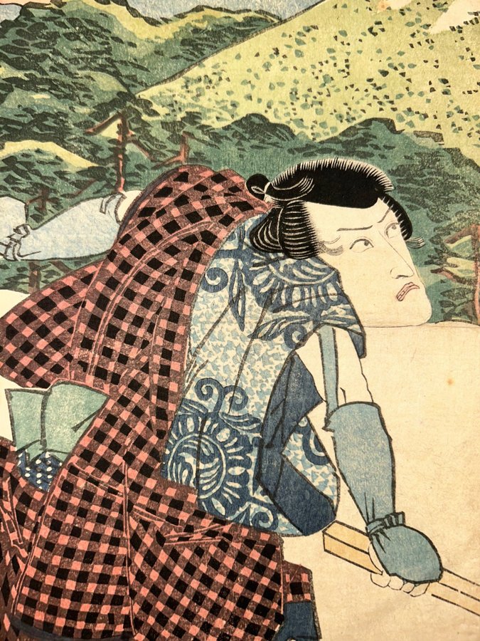 Japanskt träsnitt x 2 samurajer av Kunisada 1840-tal