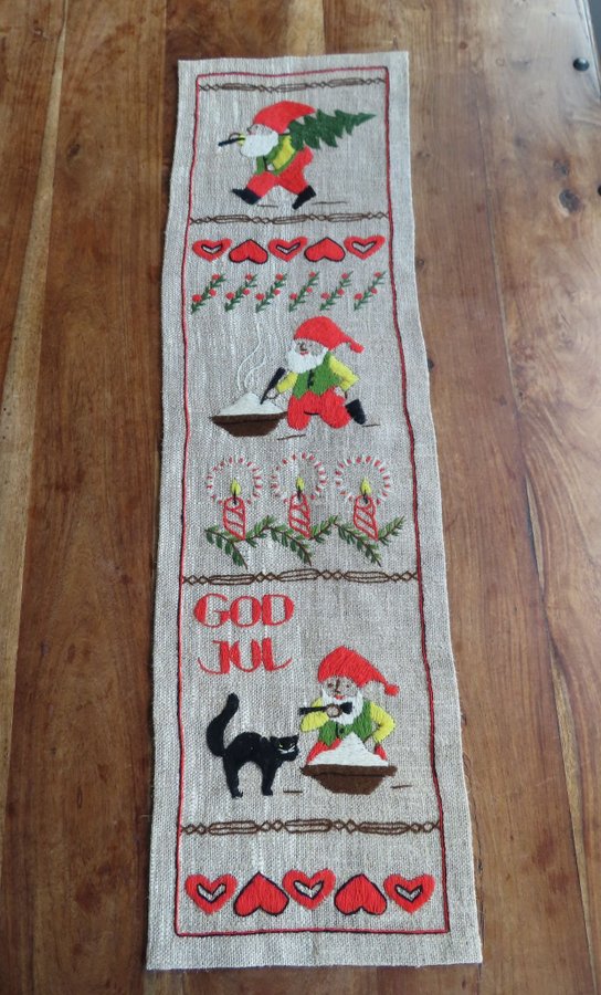 Äldre Handbroderad Julvepa Tomte Katt Retro