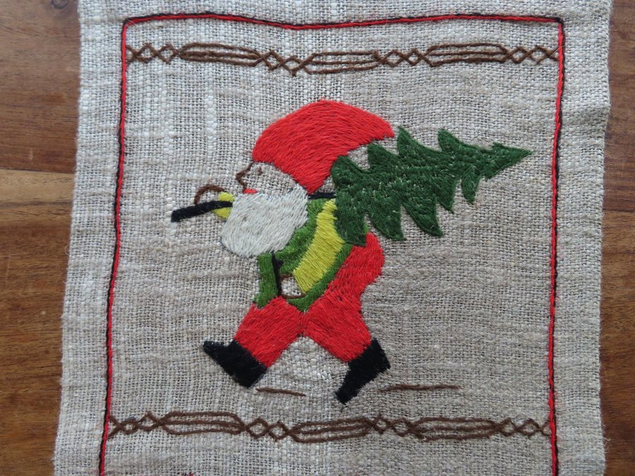 Äldre Handbroderad Julvepa Tomte Katt Retro