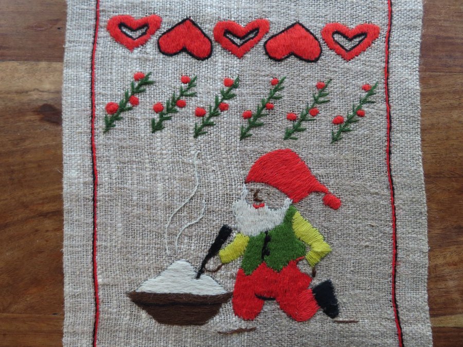 Äldre Handbroderad Julvepa Tomte Katt Retro