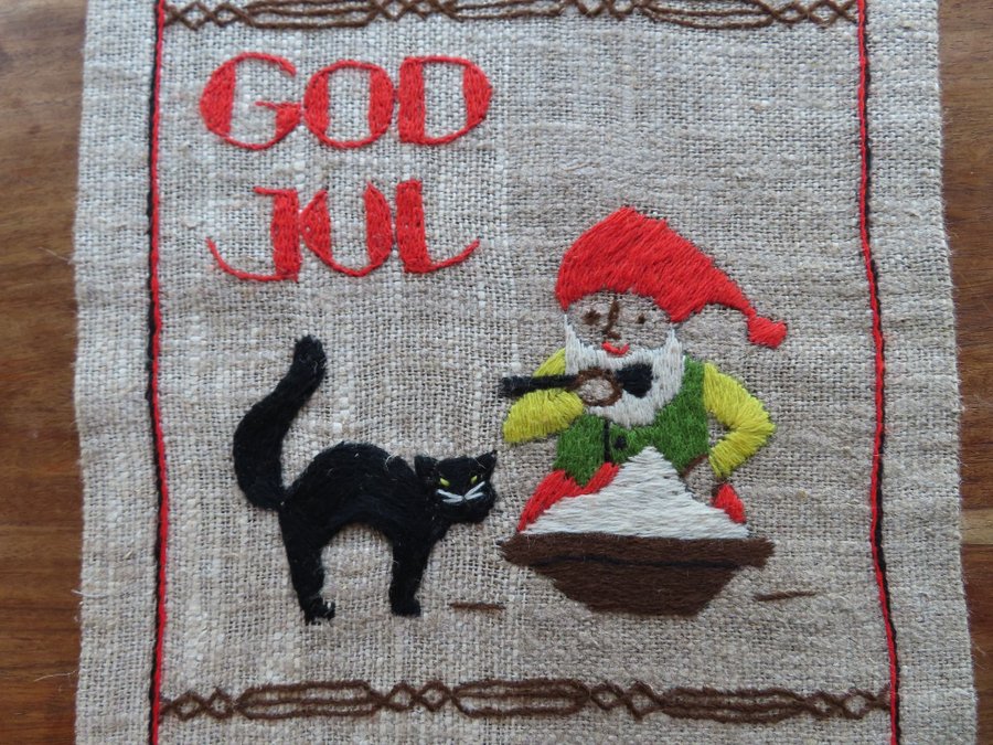 Äldre Handbroderad Julvepa Tomte Katt Retro