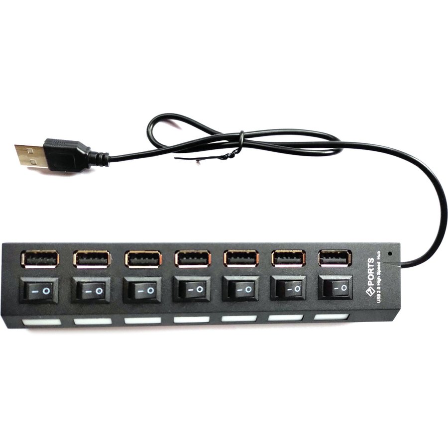 USB-hub 7 port USB 2.0 strömbrytare knappar svart USB2 hubb 7 portar ny