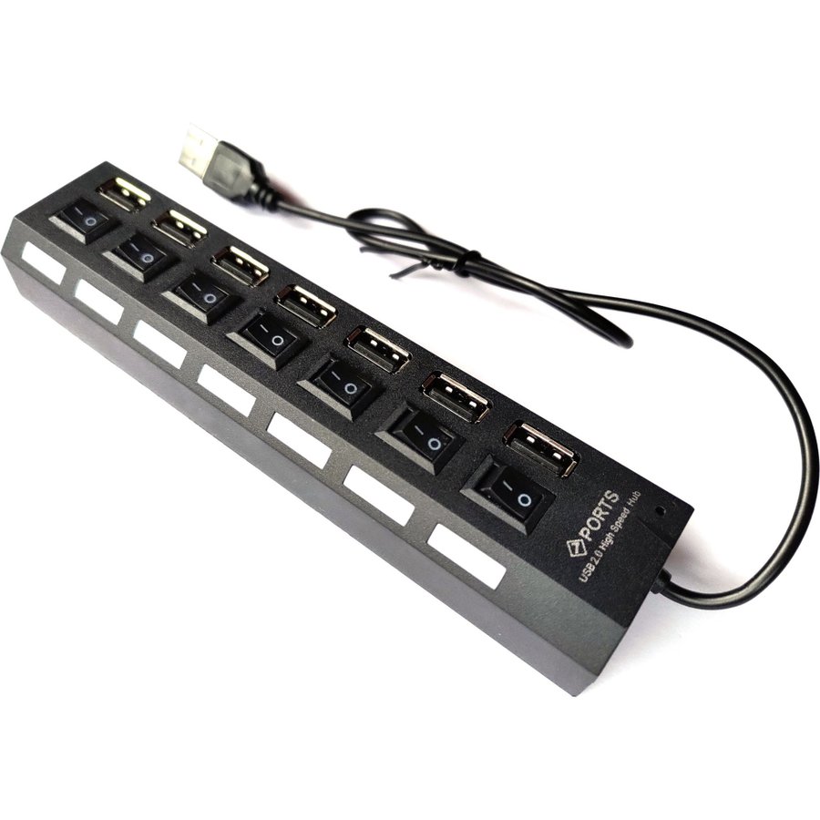 USB-hub 7 port USB 2.0 strömbrytare knappar svart USB2 hubb 7 portar ny