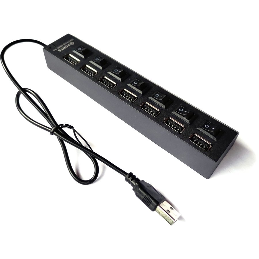 USB-hub 7 port USB 2.0 strömbrytare knappar svart USB2 hubb 7 portar ny