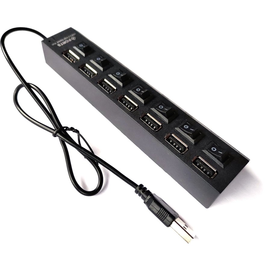 USB-hub 7 port USB 2.0 strömbrytare knappar svart USB2 hubb 7 portar ny